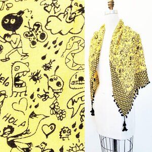 Steve Madden Huge Yellow Black Scribble Whimsical Scarf with Tassels NWT